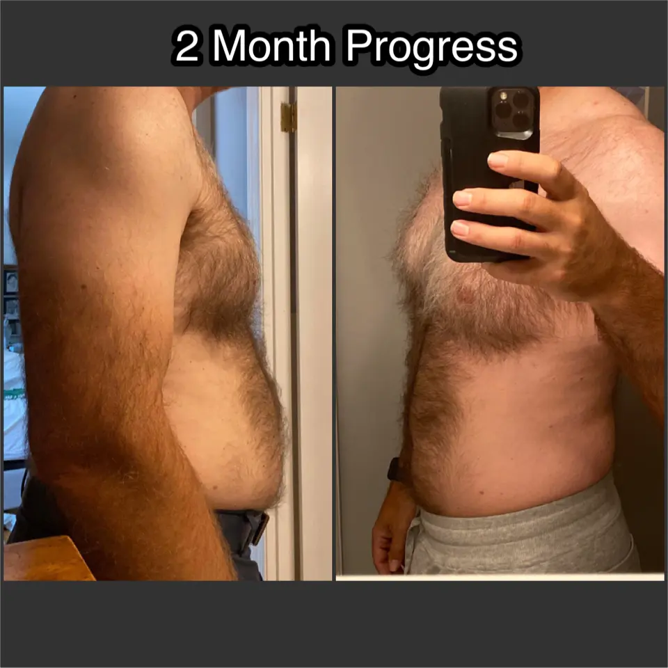 A man's torso before and after two months of progress.