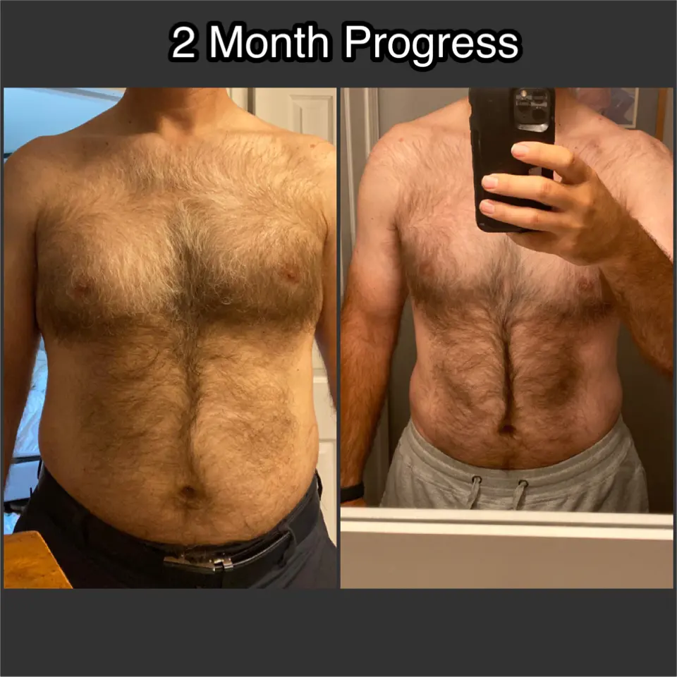 Man's torso before and after two months of progress.